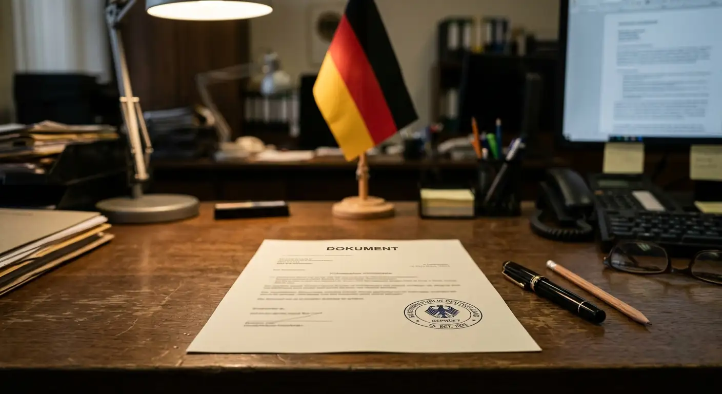 Neutrales Dokument mit offiziellem Stempel und deutscher Flagge im Hintergrund auf einem Behördenschreibtisch