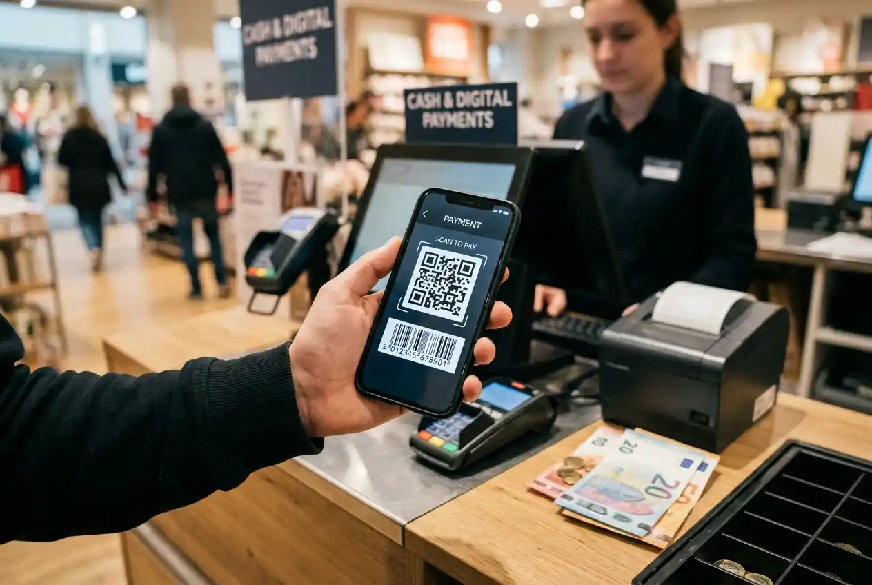 Barcode auf Smartphone-Display an Verkaufsstelle mit Bezahlterminal