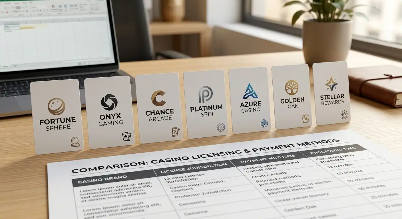 Sieben verschiedene Casino-Logos auf neutralen Karten nebeneinander, Vergleichstabelle darunter, professionelle Büroumgebung