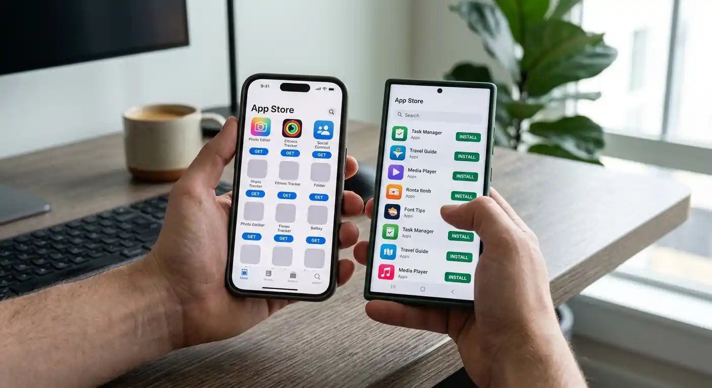 Zwei Hände halten ein Android- und ein iOS-Gerät mit neutralen Download-Seiten