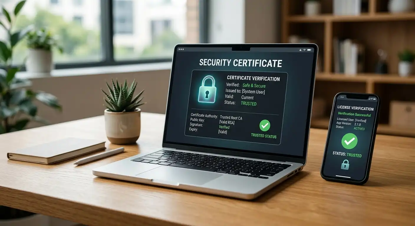 Laptop zeigt Sicherheitszertifikat und Smartphone mit Lizenzprüfung