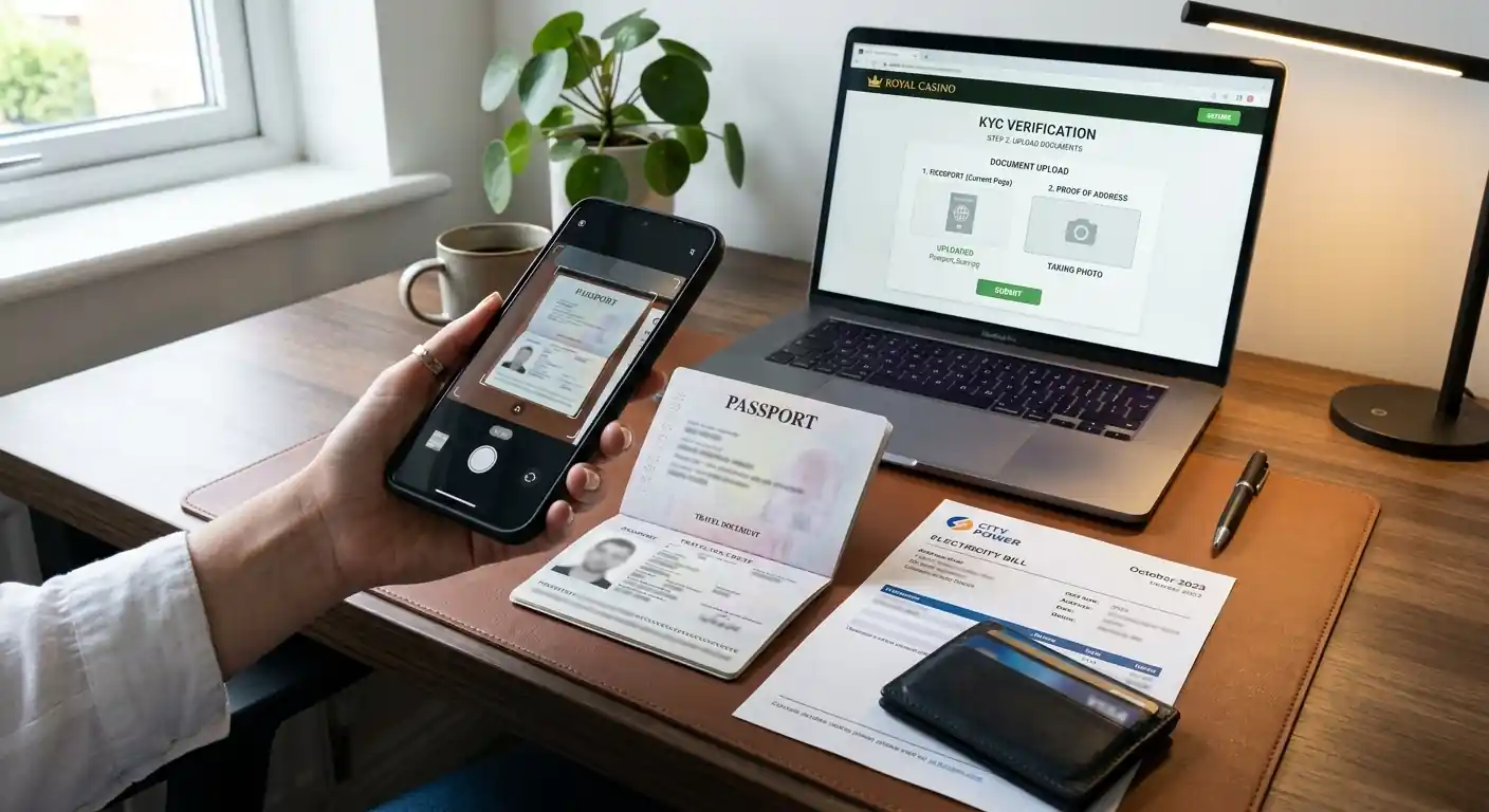 Dokumente und Reisepass auf Schreibtisch für KYC-Prüfung
