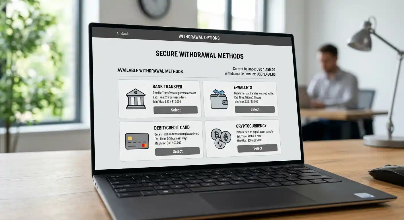 Laptop-Bildschirm zeigt Casino-Auszahlungsoptionen mit Banküberweisung und E-Wallets