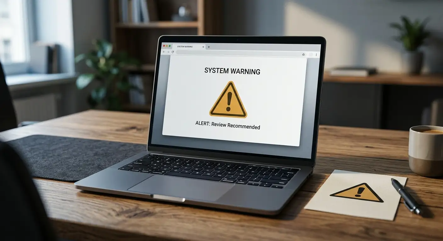 Warnschild-Symbol neben einem Laptop mit neutralem Browserfenster auf einem Tisch