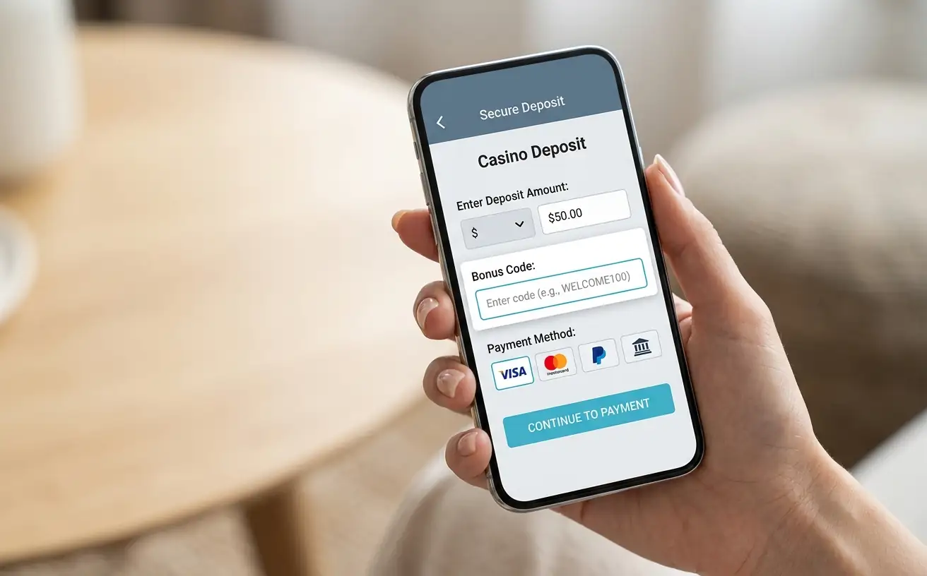 Smartphone zeigt Casino-Anmeldeprozess mit Einzahlungsformular und Bonuscode-Feld
