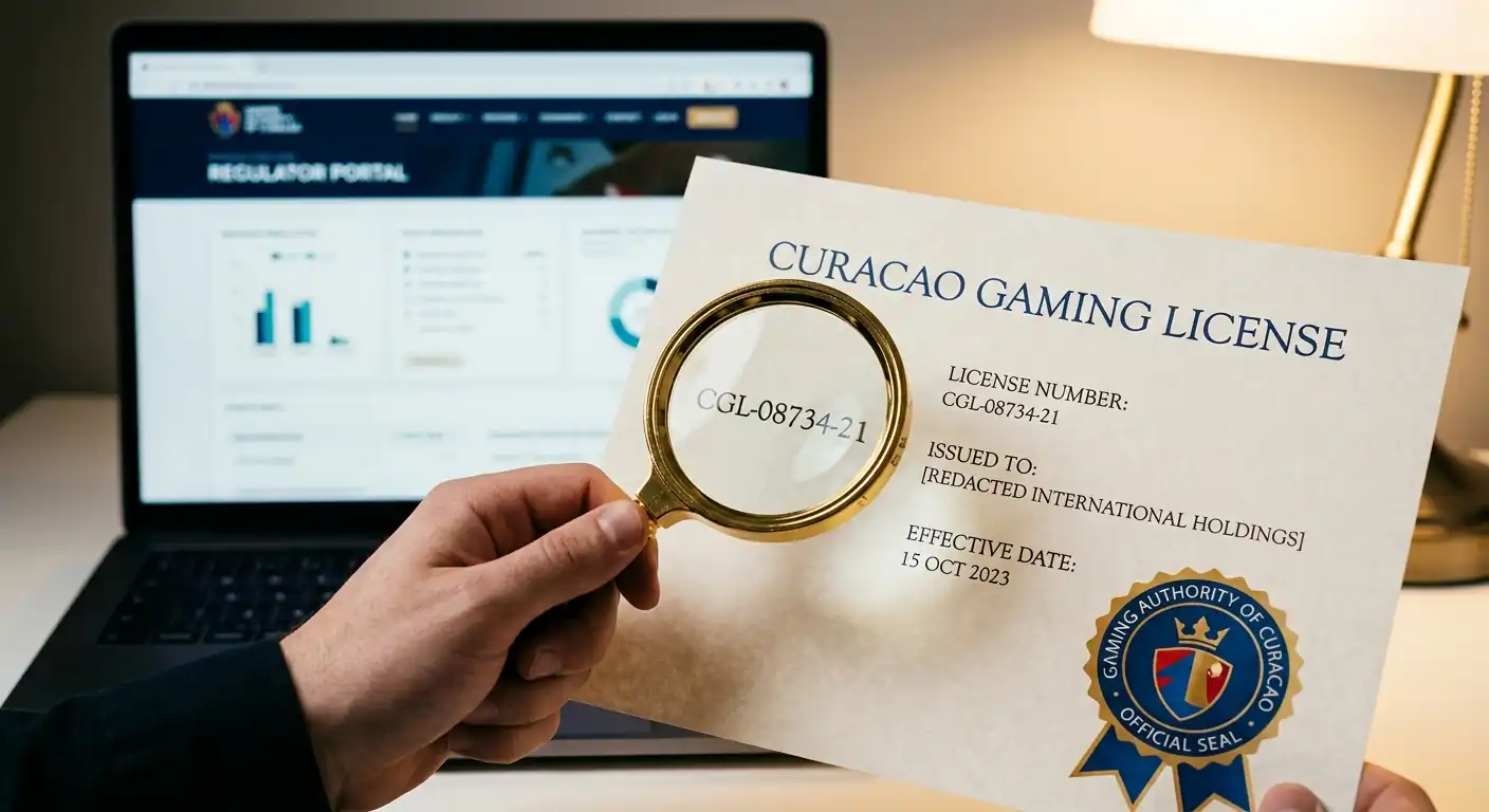 Hand hält Lupe über Curaçao-Lizenzdokument mit sichtbarer Lizenznummer, Laptop mit Regulator-Website im Hintergrund