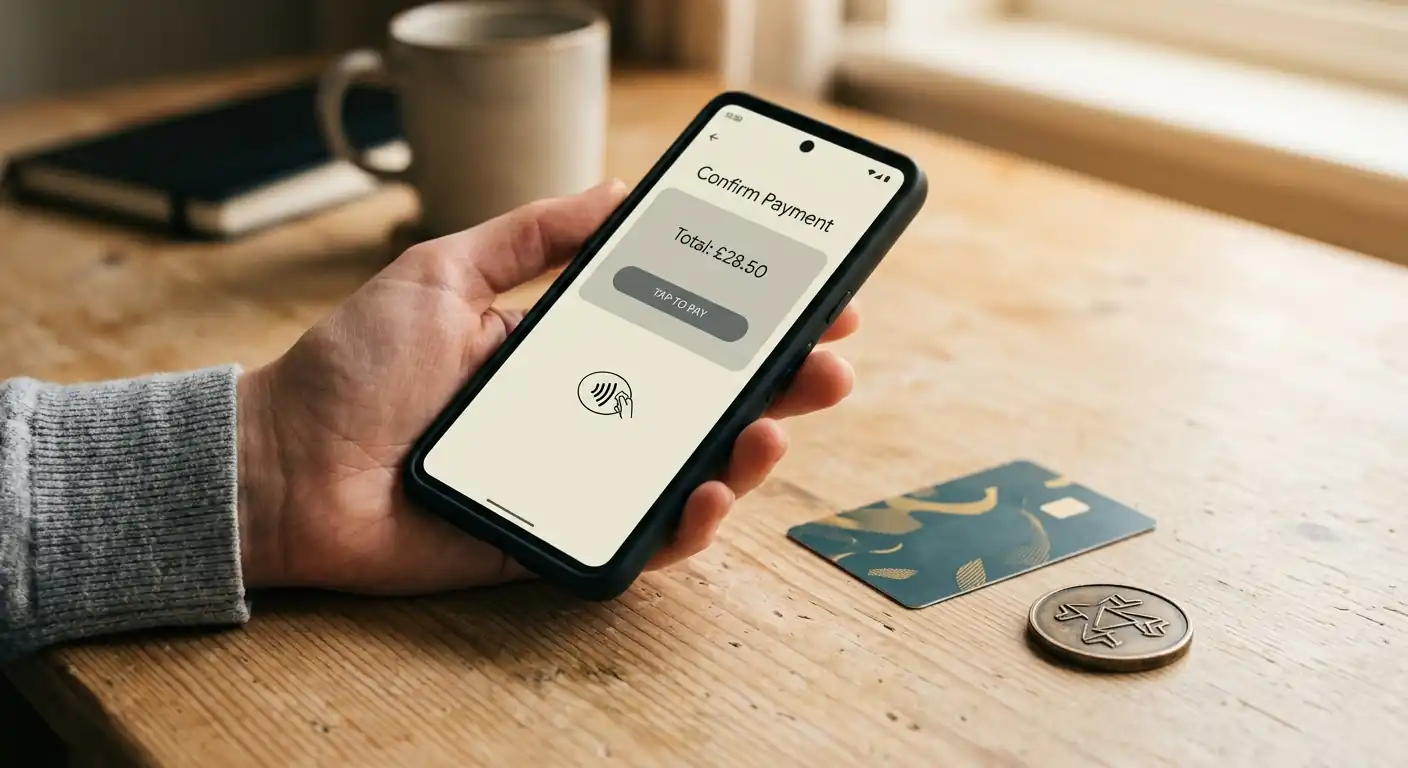 Bezahlvorgang mit Paysafecard-Code und Krypto-Wallet auf dem Smartphone