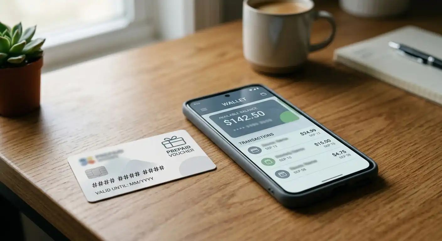 Smartphone mit neutraler Wallet-Ansicht neben einer Prepaid-Guthabenkarte ohne Marke