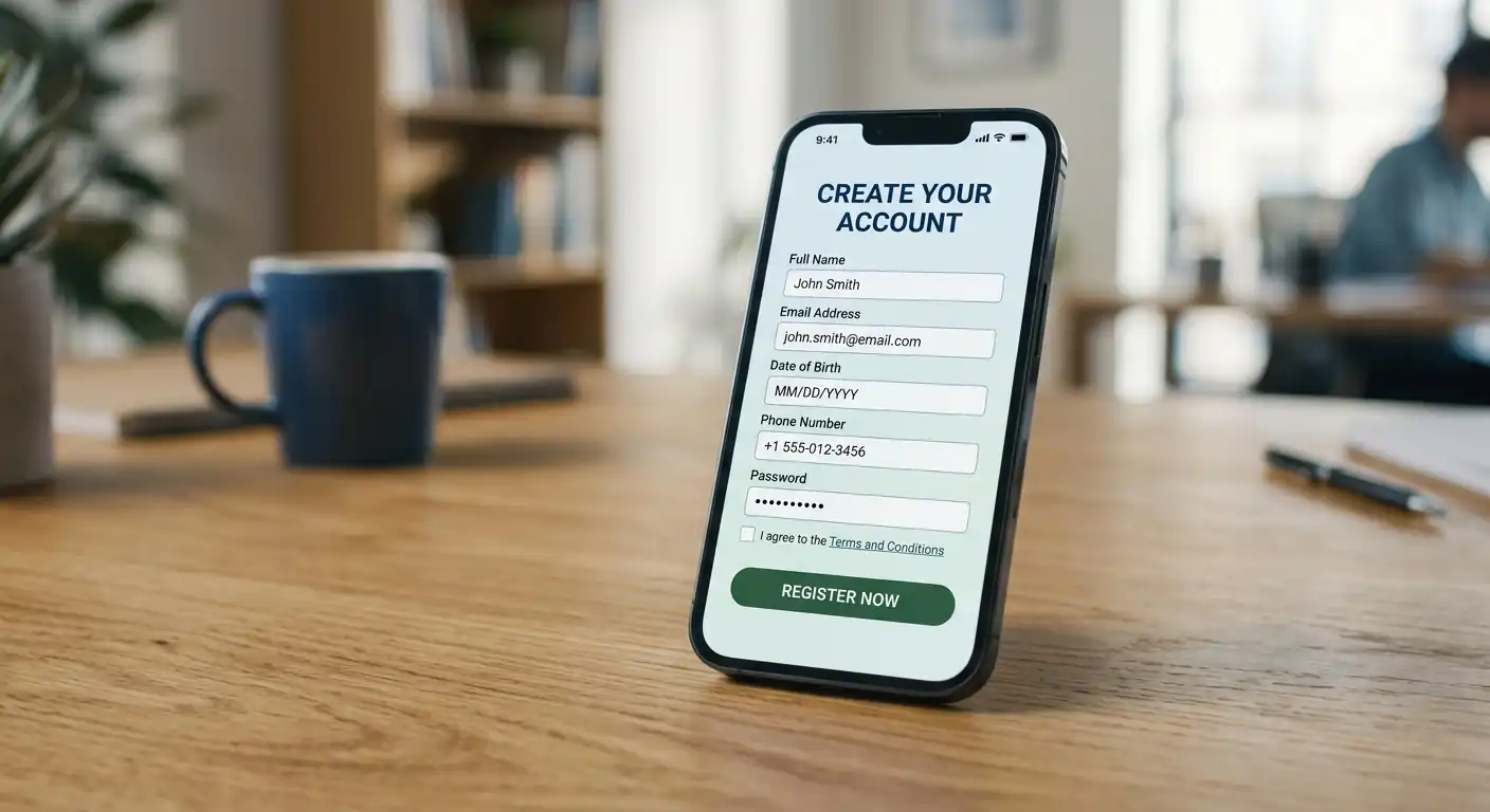 Smartphone mit Casino-App und Registrierungsformular auf dem Bildschirm