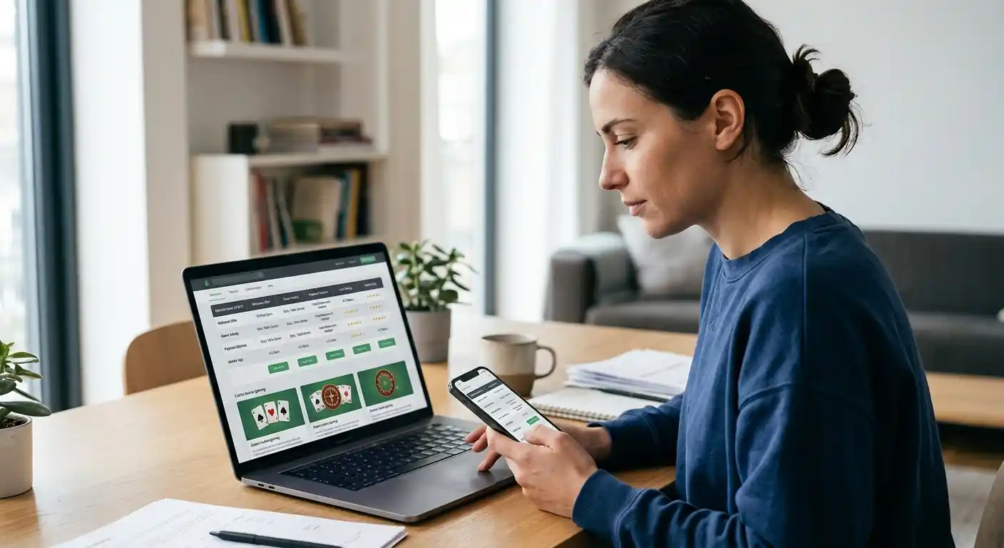 Person vergleicht mehrere Online-Casinos auf Laptop und Smartphone