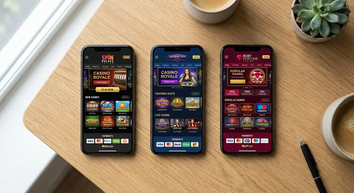 Schreibtisch mit drei Smartphones nebeneinander, auf denen Casino-Homepages mit verschiedenen Zahlungslogos zu sehen sind