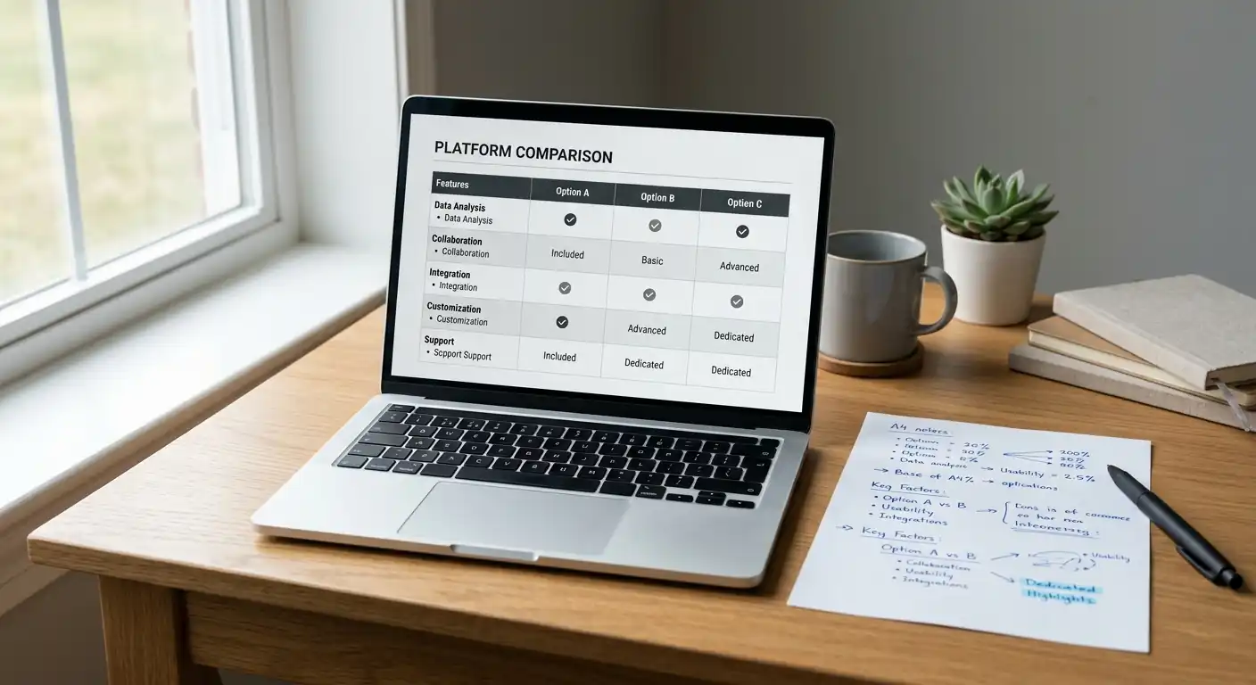 Aufgeräumter Schreibtisch mit Laptop und Notizen zum Casino-Vergleich