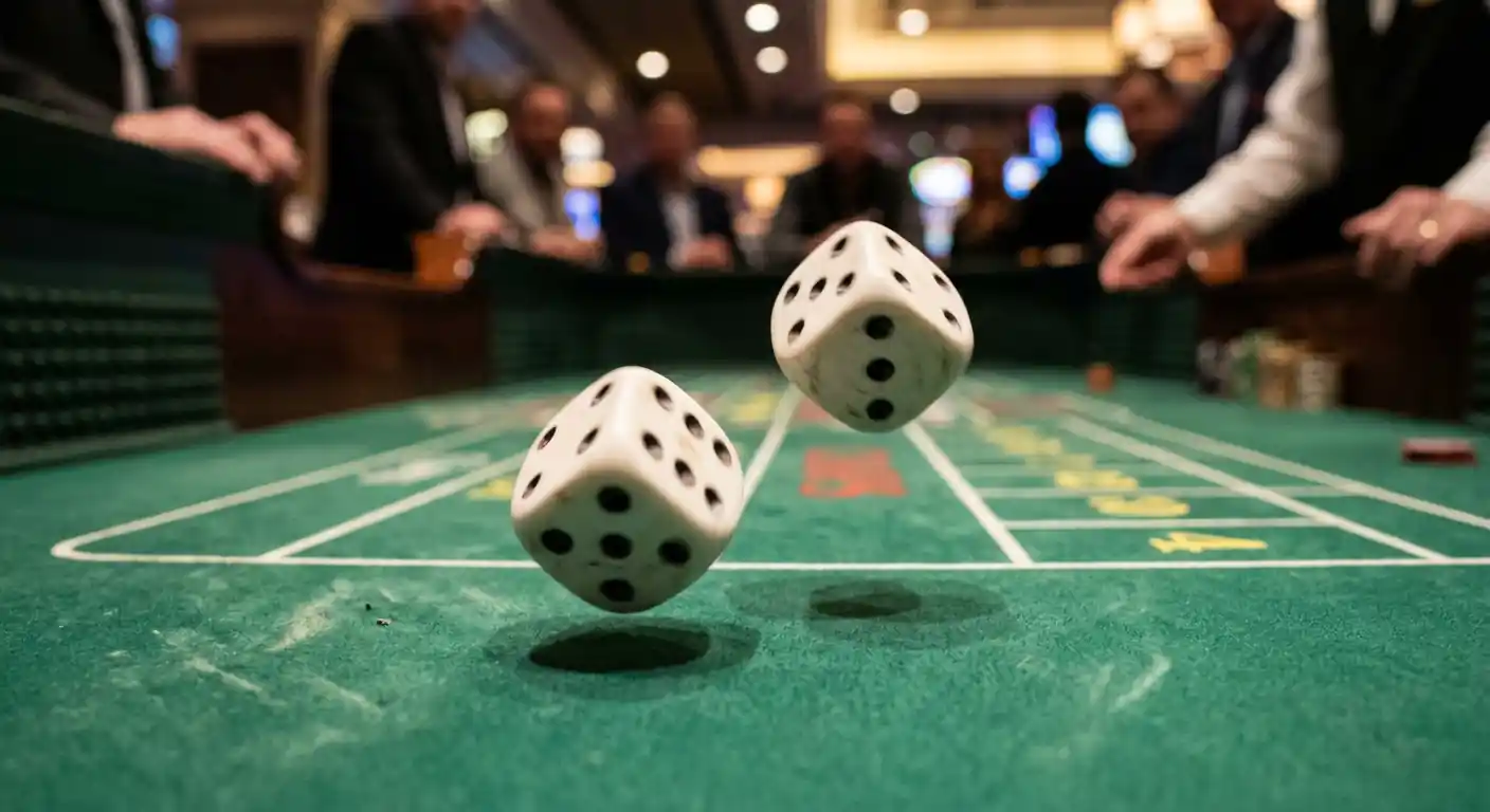 Zwei Würfel in Flugbahn über grünem Craps-Tisch mit neutraler Beleuchtung