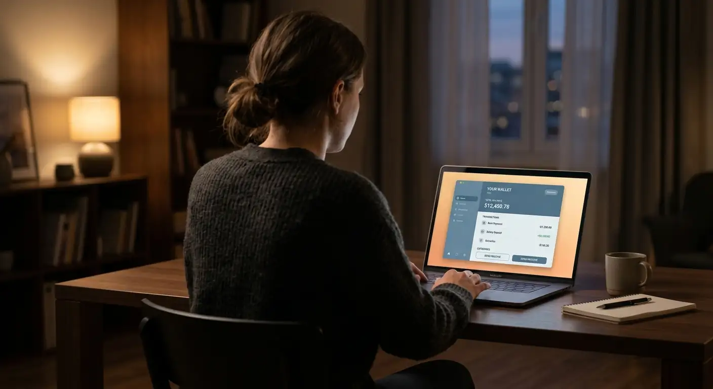 Person am Laptop mit geöffneter Wallet-App in einer ruhigen Umgebung