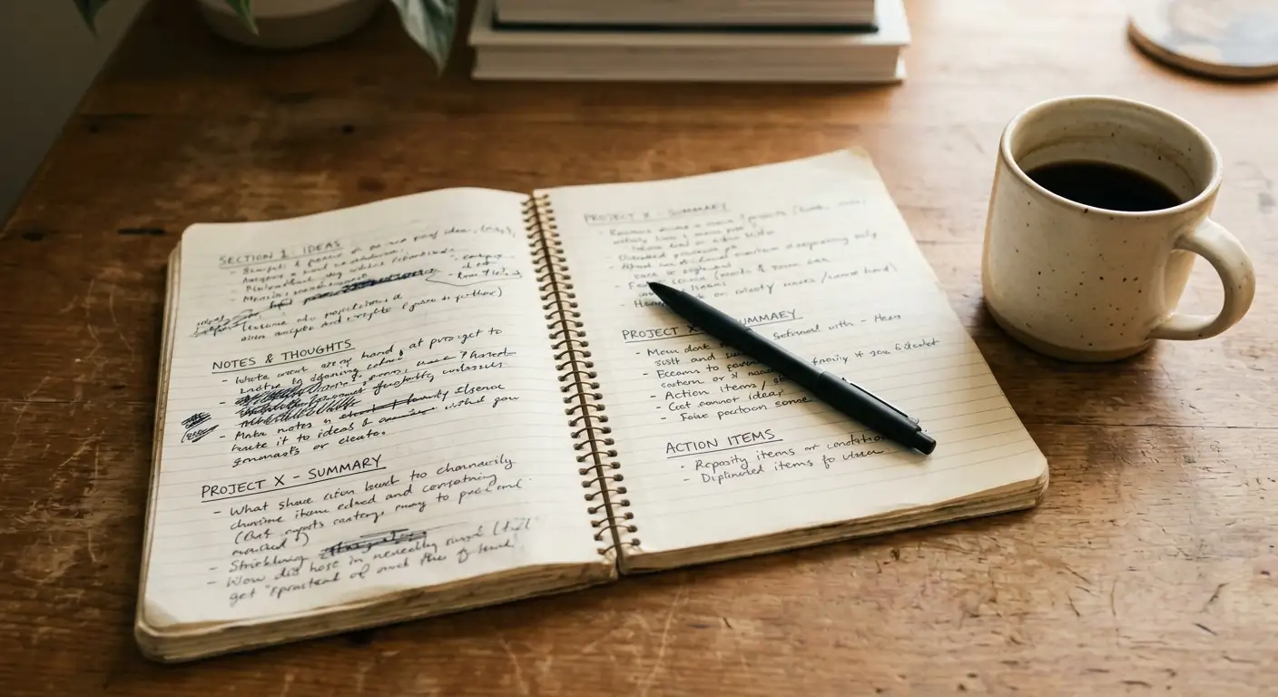 Notizbuch mit handschriftlichen Bonus-Bedingungen neben einer Kaffeetasse