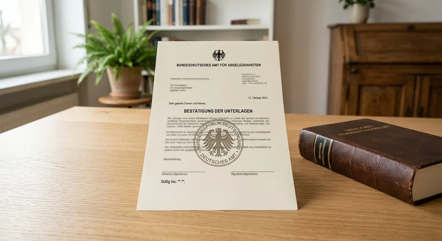 Offizielles Dokument mit deutschem Amtssiegel auf einem neutralen Schreibtisch