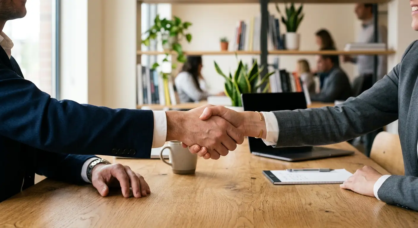Handschlag zwischen zwei Personen an einem ruhigen Besprechungstisch