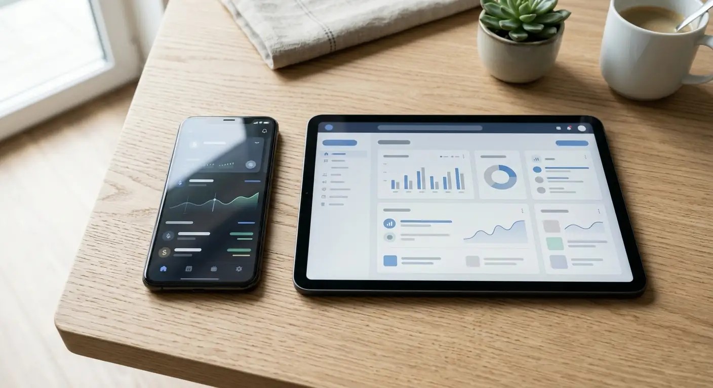 Smartphone mit neutraler Krypto-Wallet-Oberfläche neben einem Tablet