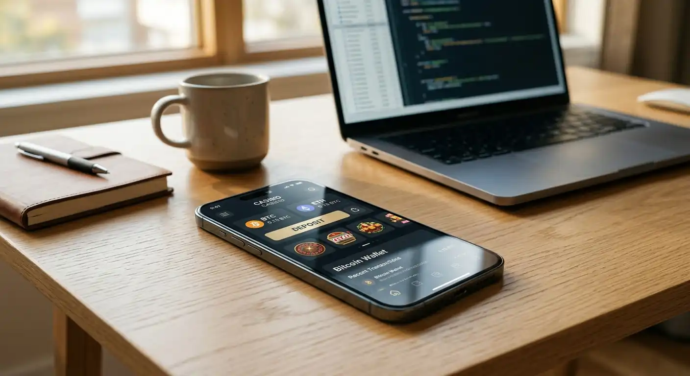 Smartphone mit Krypto-Casino-Interface und Bitcoin-Wallet auf modernem Schreibtisch