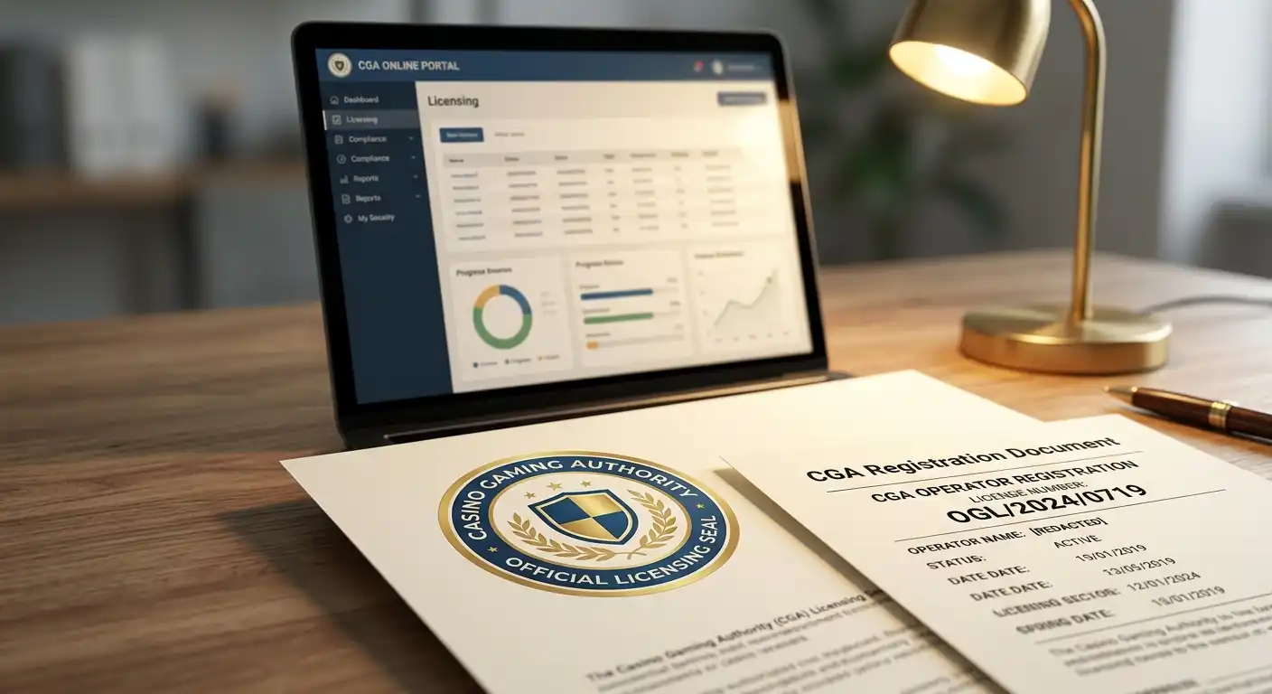 CGA-Lizenzsiegel und offizielle Registrierungsdokumente auf Schreibtisch mit Laptop