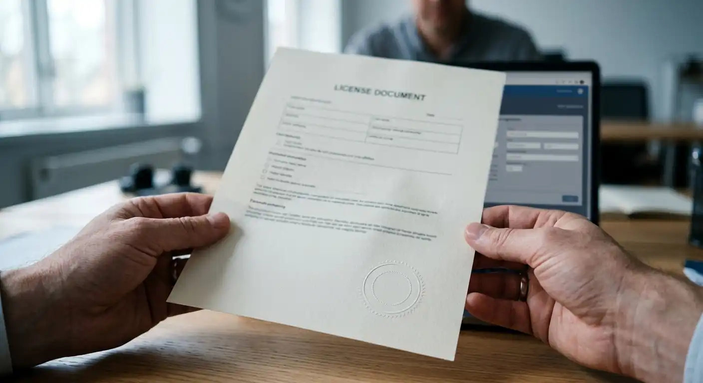 Hände halten ein neutrales Lizenzdokument mit geprägtem Stempel