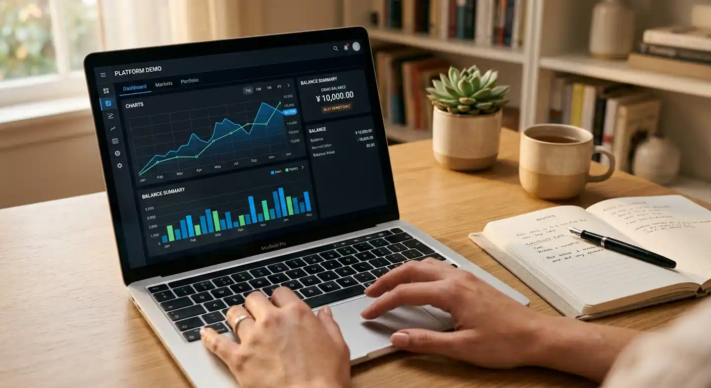 Laptop im Demo Modus von Crash Games mit Spielgeld Anzeige zum risikofreien Testen