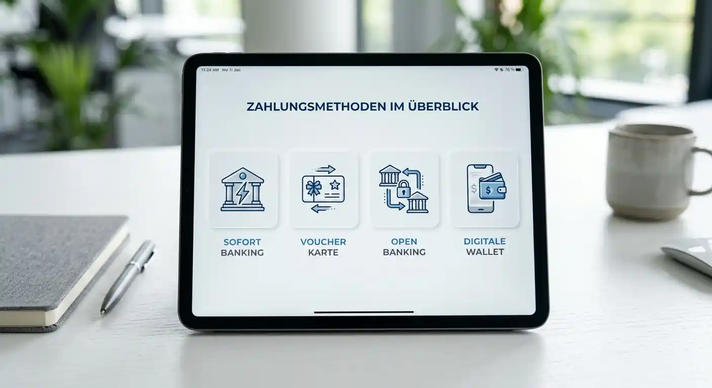 Vergleichsübersicht deutscher Zahlungsmethoden mit Icons für Giropay, Klarna, Trustly, Paysafecard