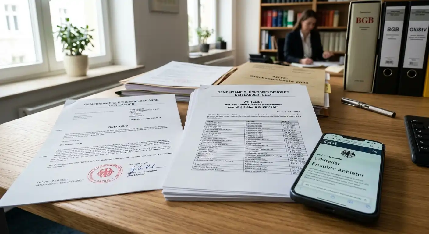 Deutsche Rechtsdokumente und GGL-Whitelist-Ausdruck auf Schreibtisch
