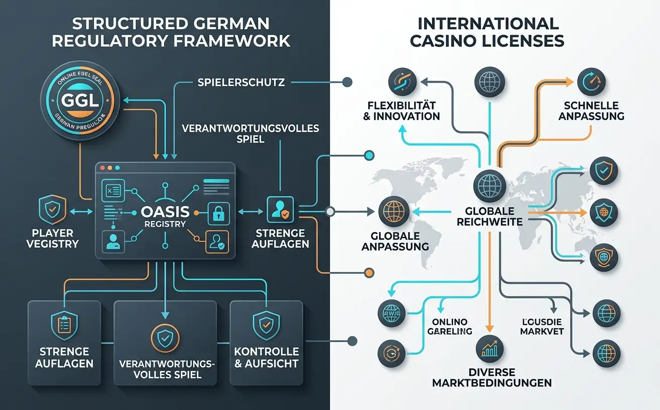 Regulierungs-Vergleichsgrafik zeigt deutsche vs. internationale Lizenzbedingungen