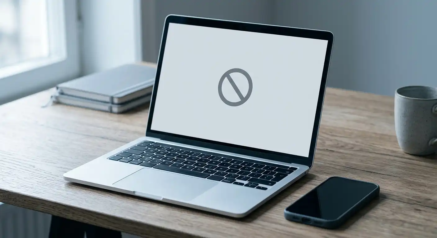 Laptop zeigt eine Sperrhinweisseite bei blockiertem Zugang zu einem Glücksspielangebot
