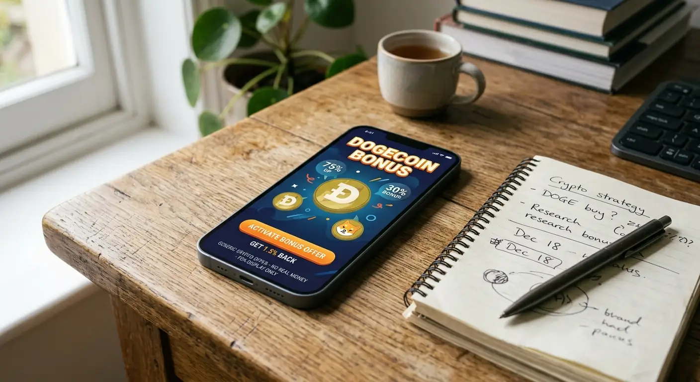 Smartphone mit Casino-Bonus-Angebot und Dogecoin-Wallet im Hintergrund