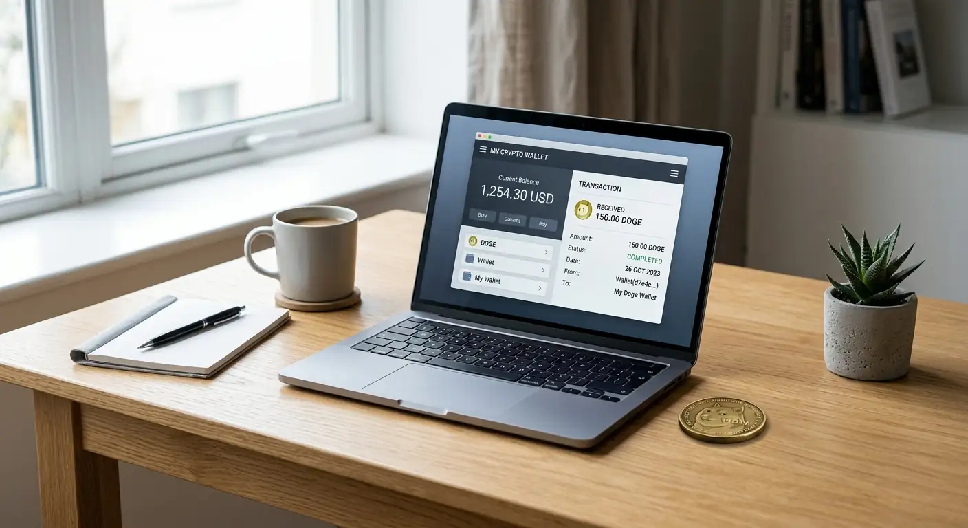 Laptop mit Krypto-Wallet-Interface und Dogecoin-Symbol