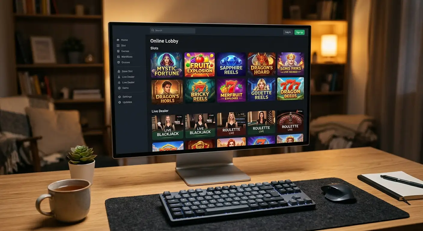 Collage von Slot-Spielen und Live-Casino-Tischen auf einem Monitor