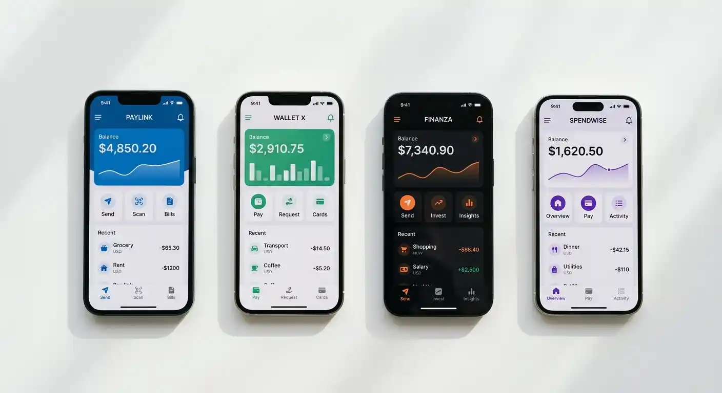 Vier Smartphone-Bildschirme nebeneinander mit verschiedenen E-Wallet-Apps