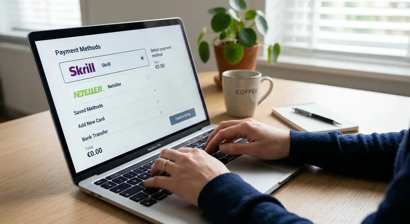 E-Wallet-Zahlungsmethoden auf Laptop-Bildschirm mit Skrill und Neteller Logos