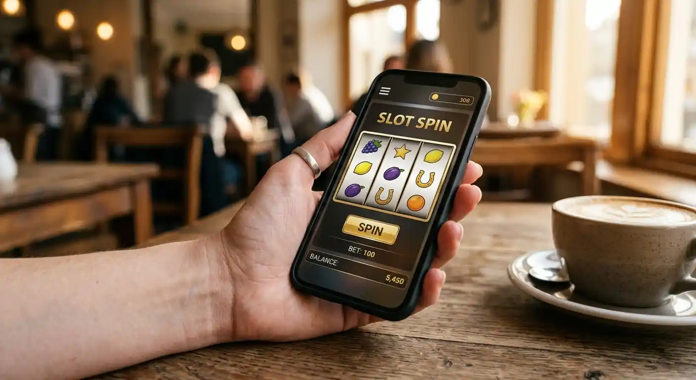 Hand, die auf einem Smartphone einen generischen Spielautomaten mit neutraler Oberfläche startet