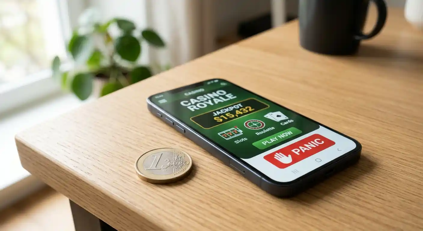 Ein-Euro-Münze neben einem Smartphone mit Casino-Interface und Panikknopf-Symbol