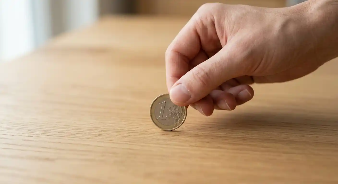 Nahaufnahme einer Hand, die eine Münze auf einen neutralen Tisch legt
