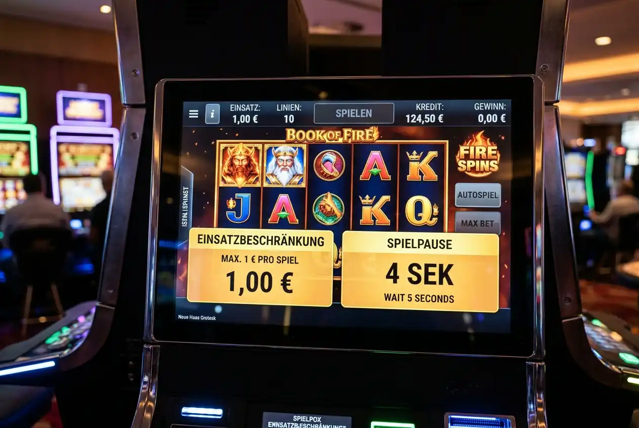 Slot-Interface auf Monitor mit sichtbarer 1-Euro-Einsatzgrenze und 5-Sekunden-Countdown