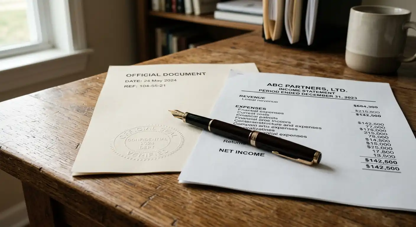 Amtlich wirkendes Dokument mit Stempel neben einem Einkommensnachweis auf einem Schreibtisch