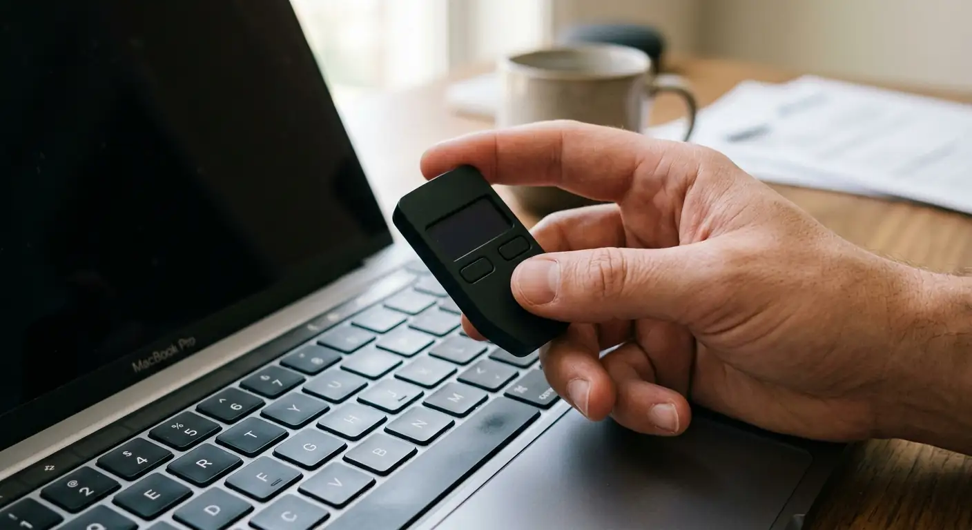 Hand, die eine physische Krypto-Wallet über einer Tastatur hält, mit weichem Streiflicht