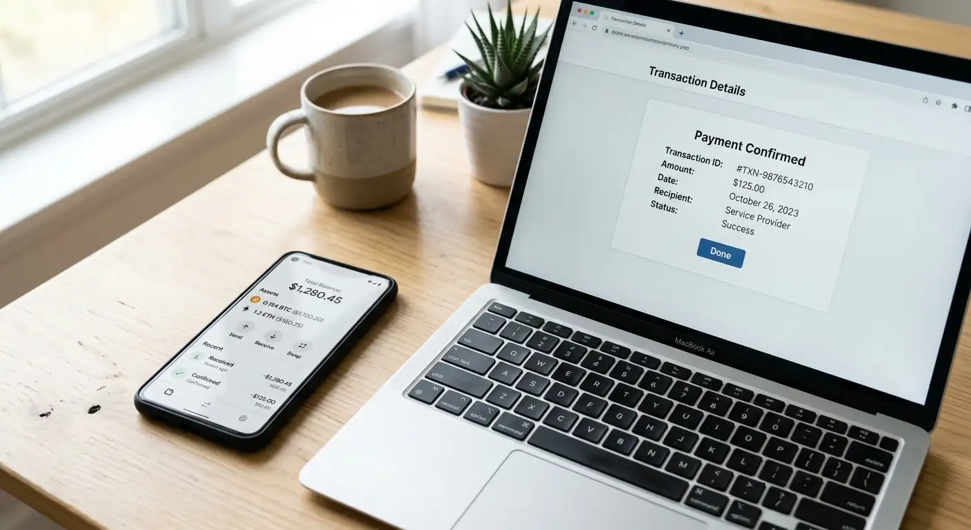 Smartphone mit neutraler Wallet-Oberfläche neben einem Laptop auf einem hellen Schreibtisch