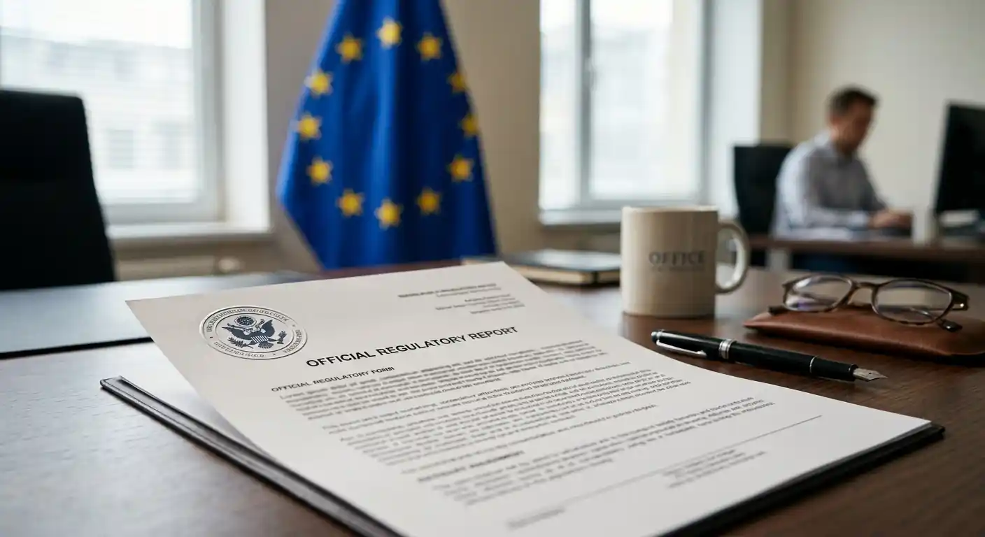 Offizielle Lizenzdokumente mit europäischer Flagge im Hintergrund
