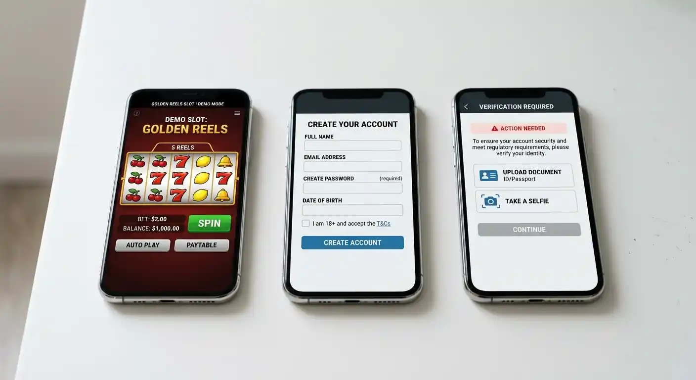 Vergleich dreier verschiedener Zugangswege zu Online-Slots auf drei Smartphone-Bildschirmen