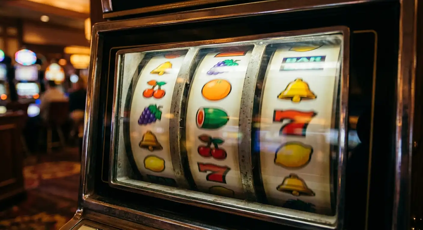 Nahaufnahme drehender Walzen eines Spielautomaten ohne erkennbare Marke