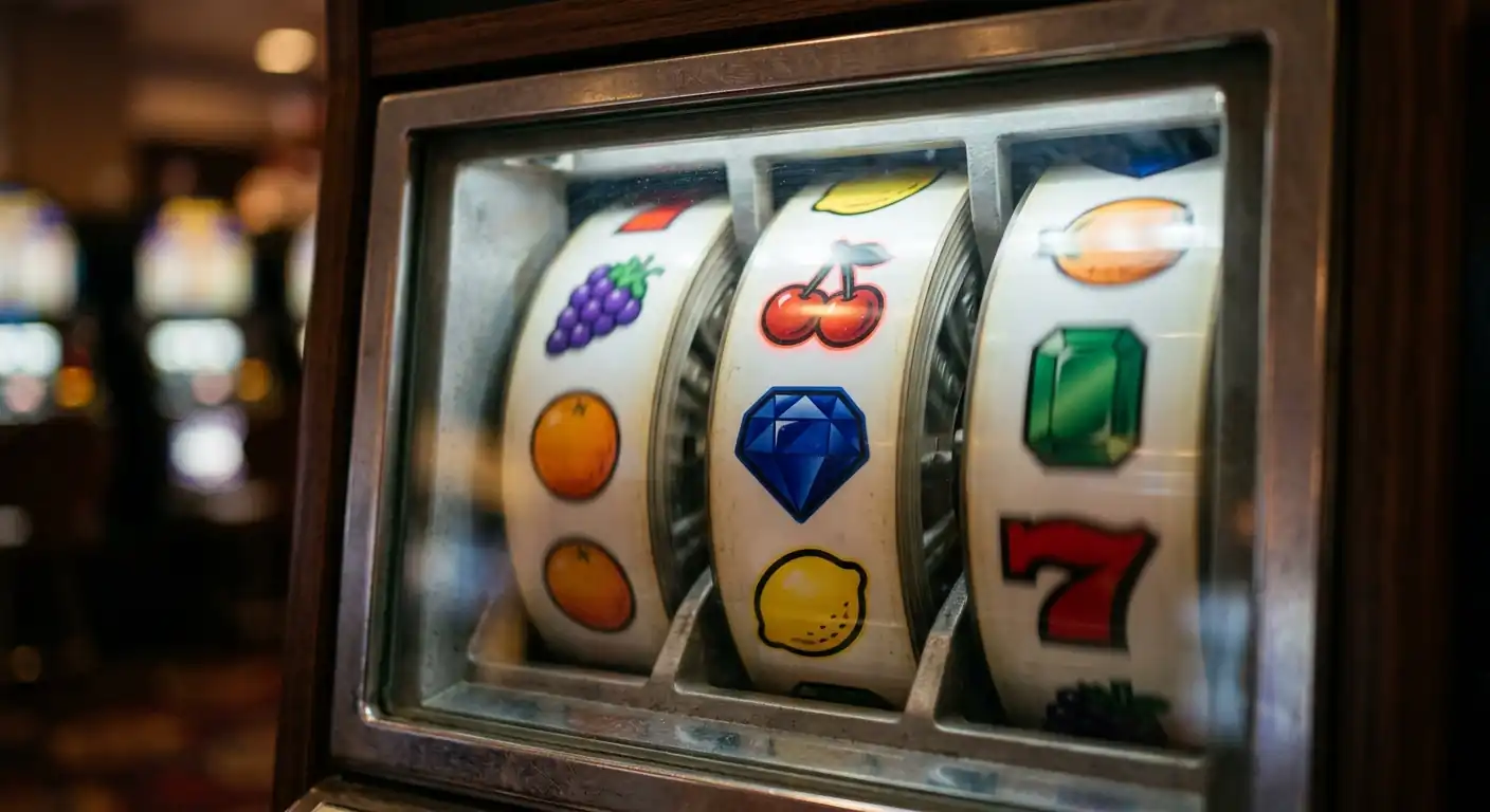 Nahaufnahme generischer Walzensymbole eines Spielautomaten ohne Markenkennzeichnung