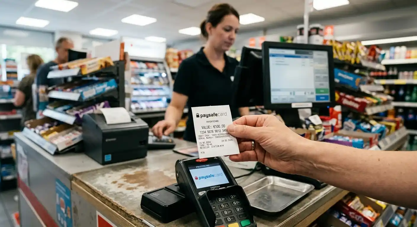 Hand hält einen Paysafecard-Beleg an einer Tankstellenkasse