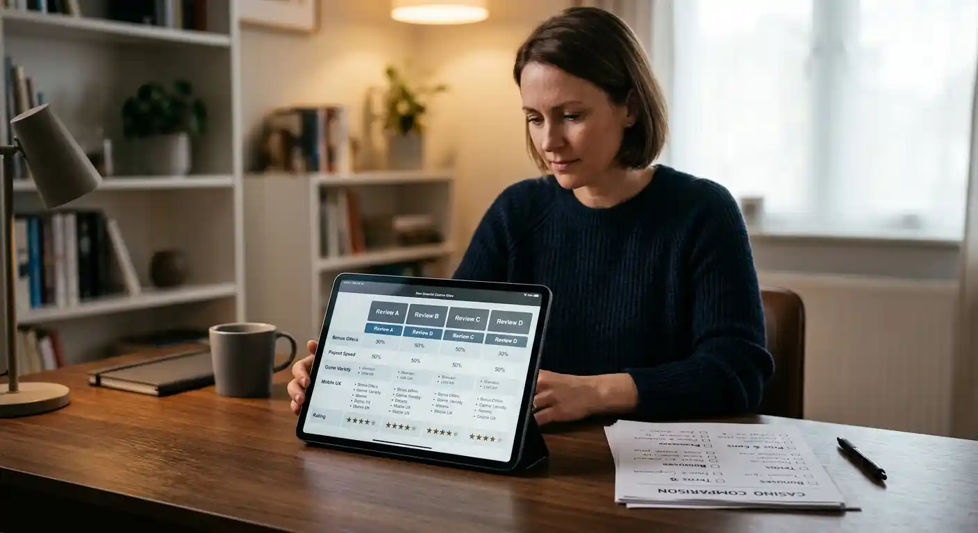 Person am Schreibtisch vergleicht mehrere Casino-Websites auf einem Tablet