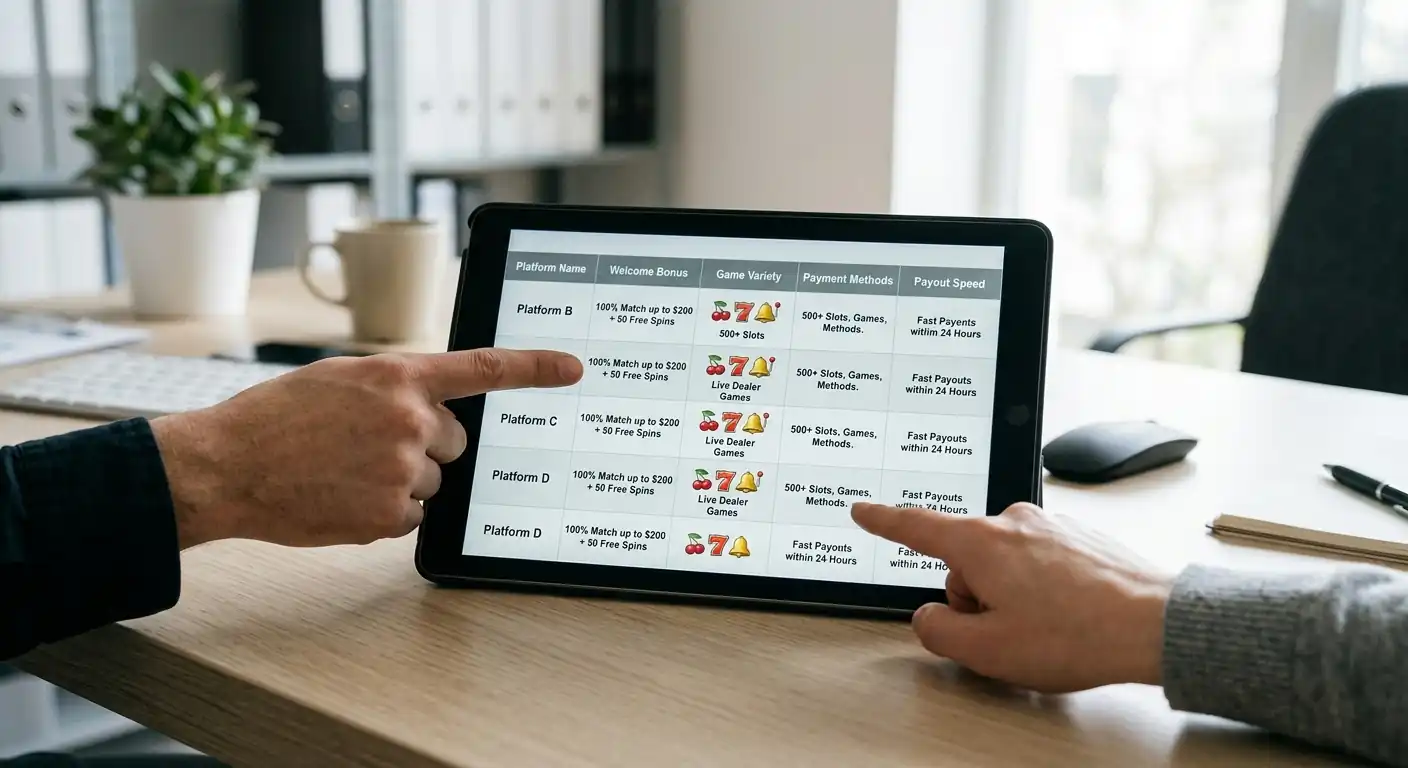 Übersicht von Spielautomaten-Symbolen und Casino-Anbieter-Vergleich auf Tablet