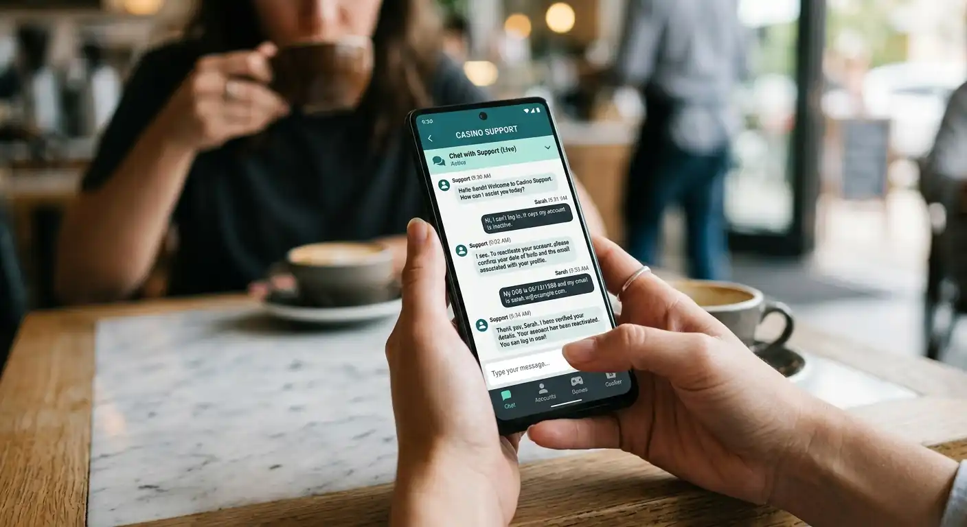 Smartphone mit Casino-App und Kundensupport-Chat zur Reaktivierung